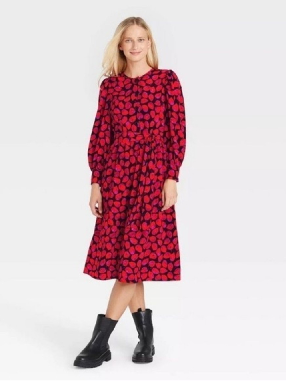 Who What Wear NWT Red Leaf Print Midi Dress